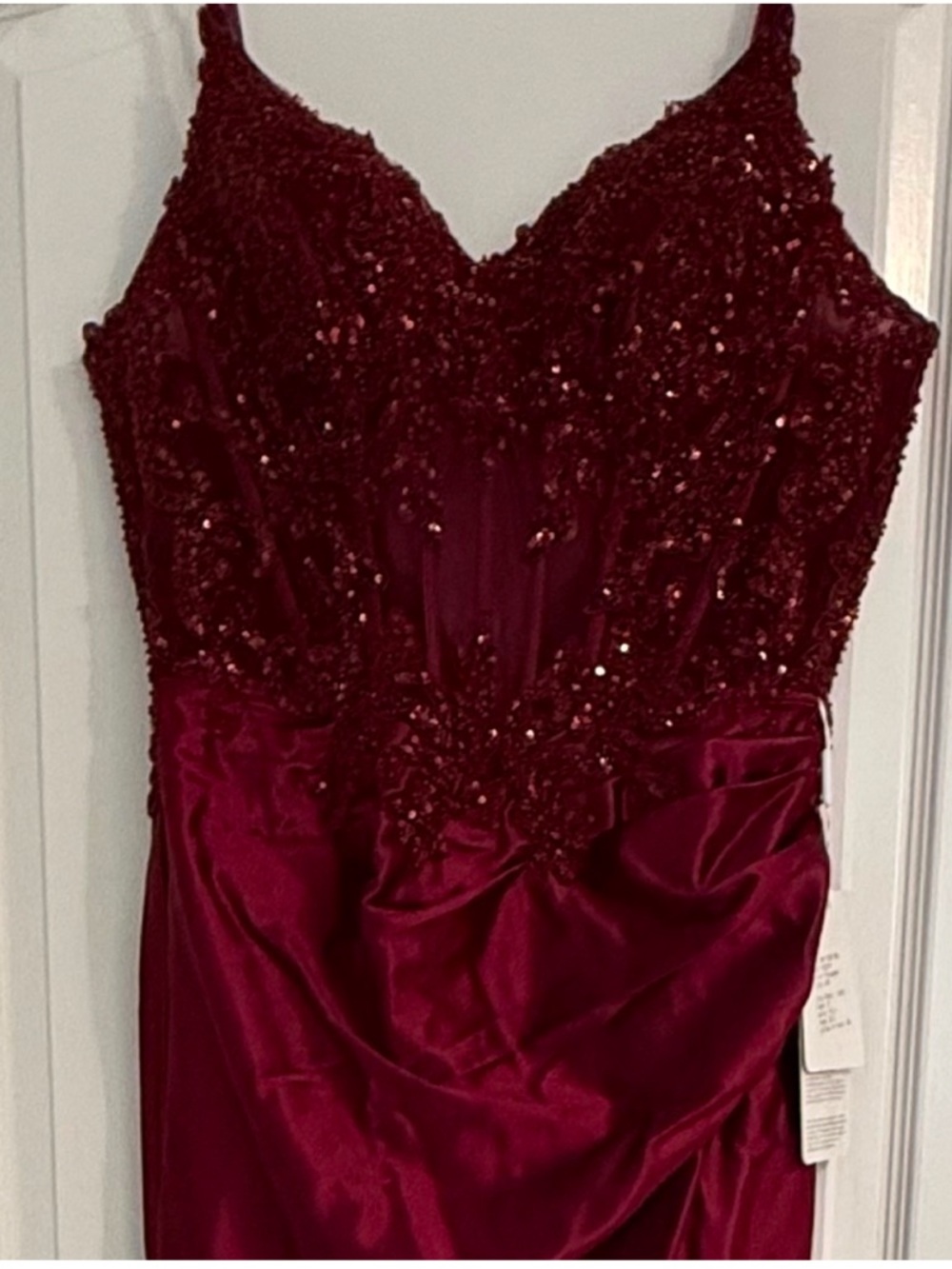 NWT Stacees Spaghetti Straps Lace Applique Beaded Sheer Corset Gown - Burgundy